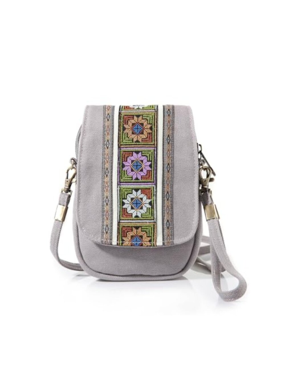 Embroidered Canvas Crossbody Bag Boho Cellphone Pouch Purse 3 Compartments